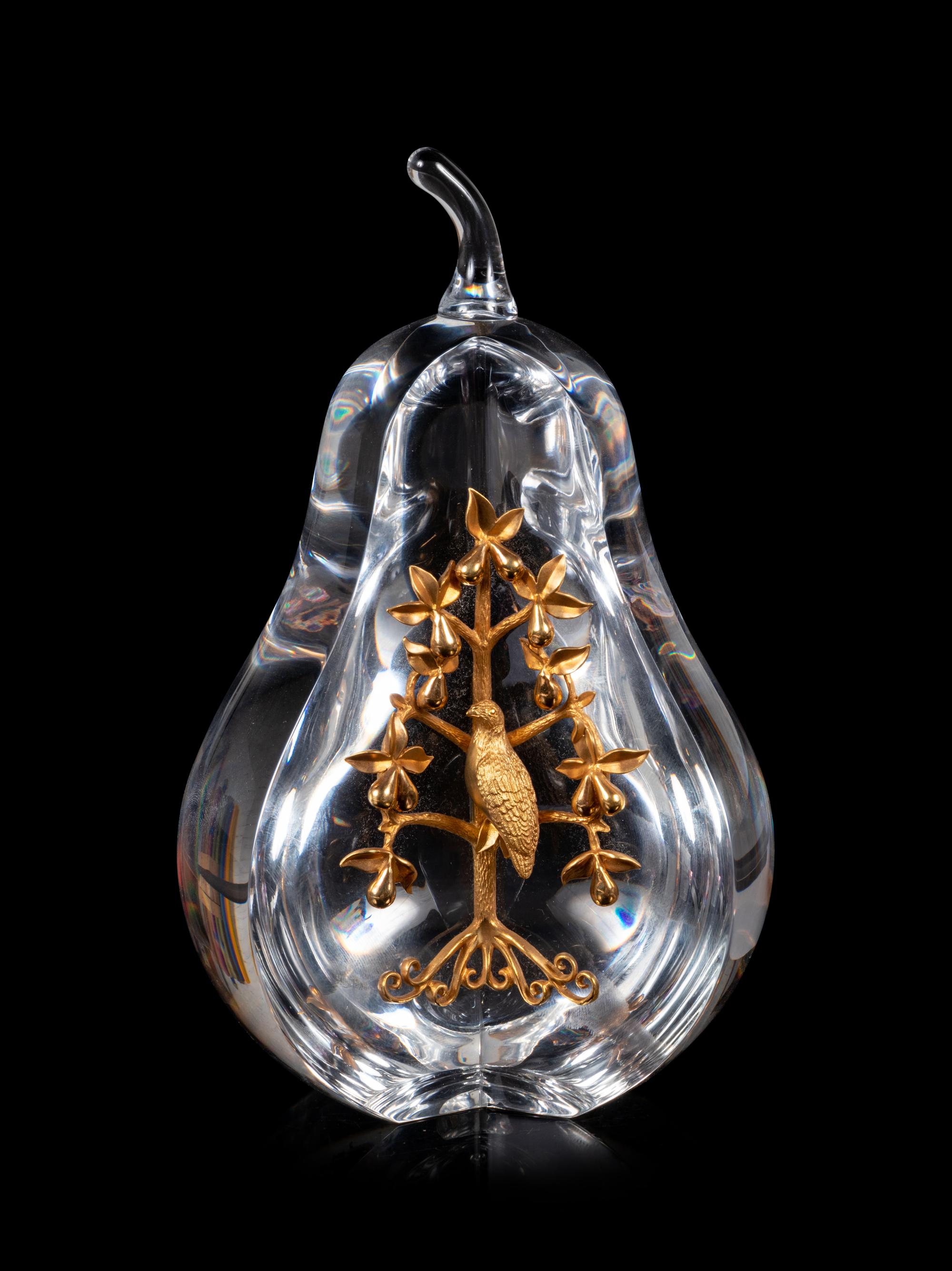 A Steuben Partridge in a Pear Tree Glass Sculpture