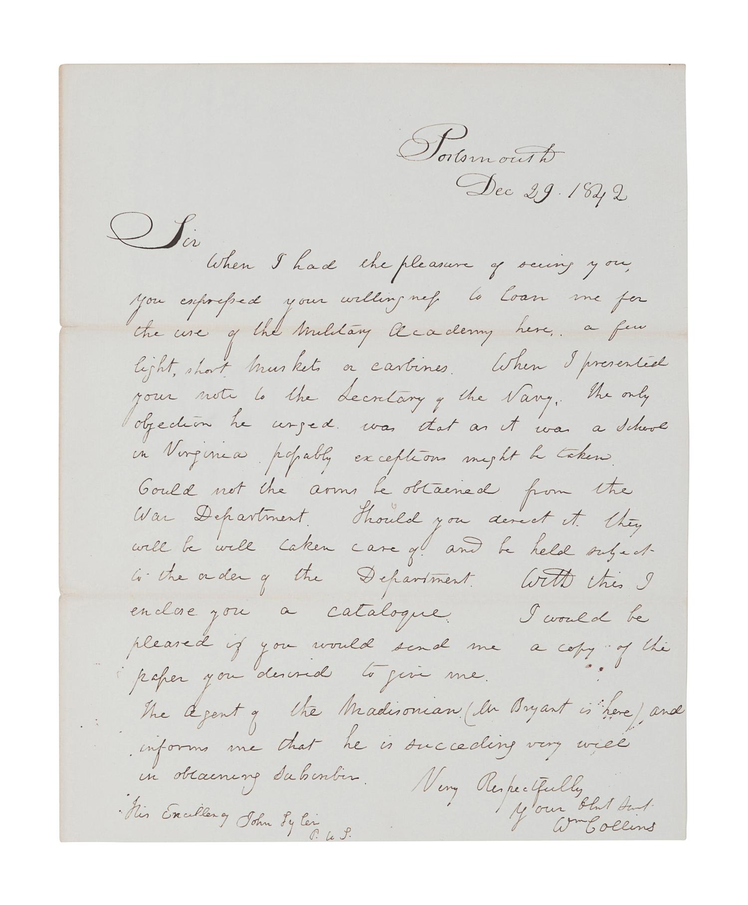 TYLER, John (1790-1862). Autograph endorsement signed as President (“J. Tyler”), 29 December 1842.