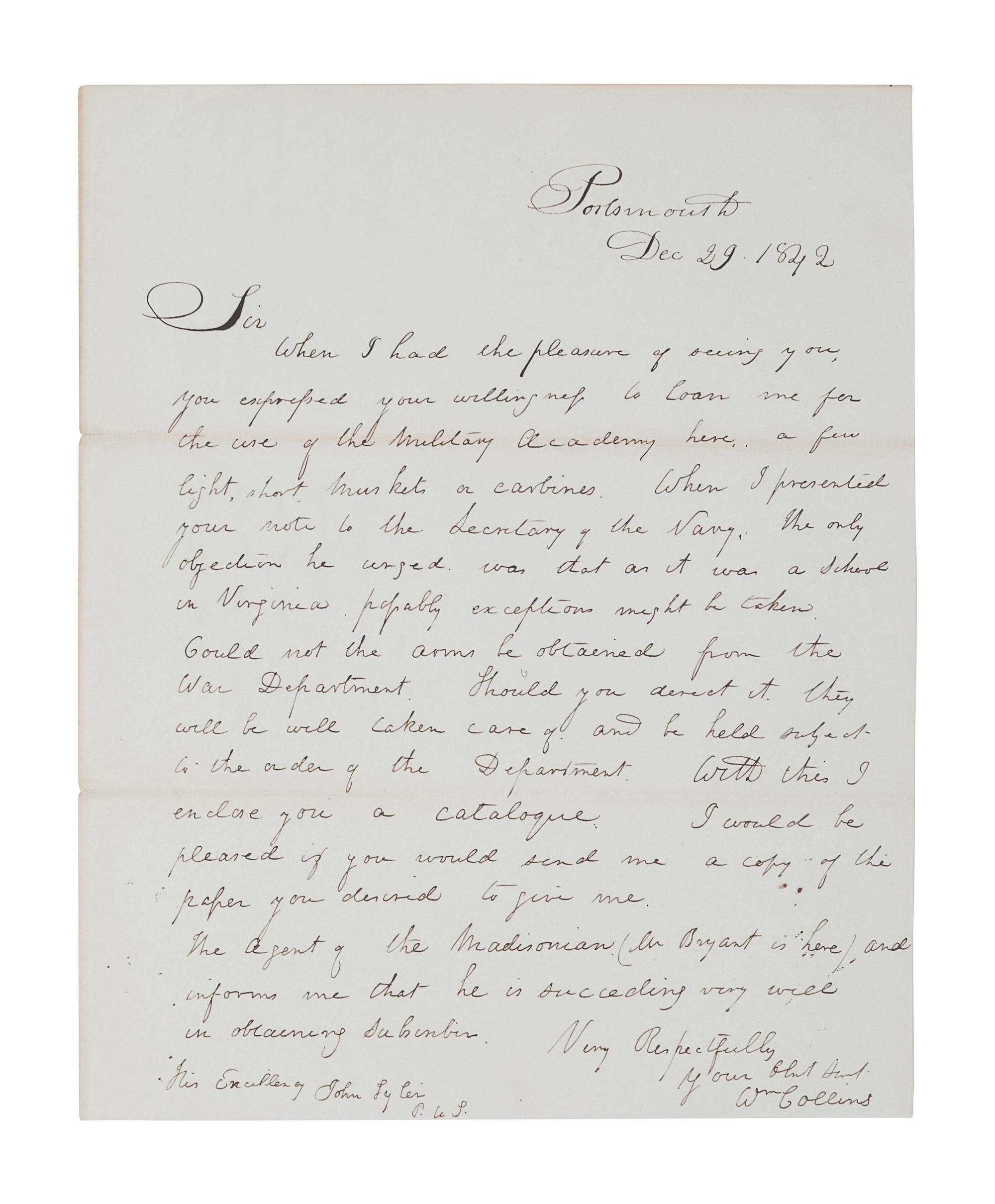 TYLER, John (1790-1862). Autograph endorsement signed as President (“J. Tyler”), 29 December 1842.