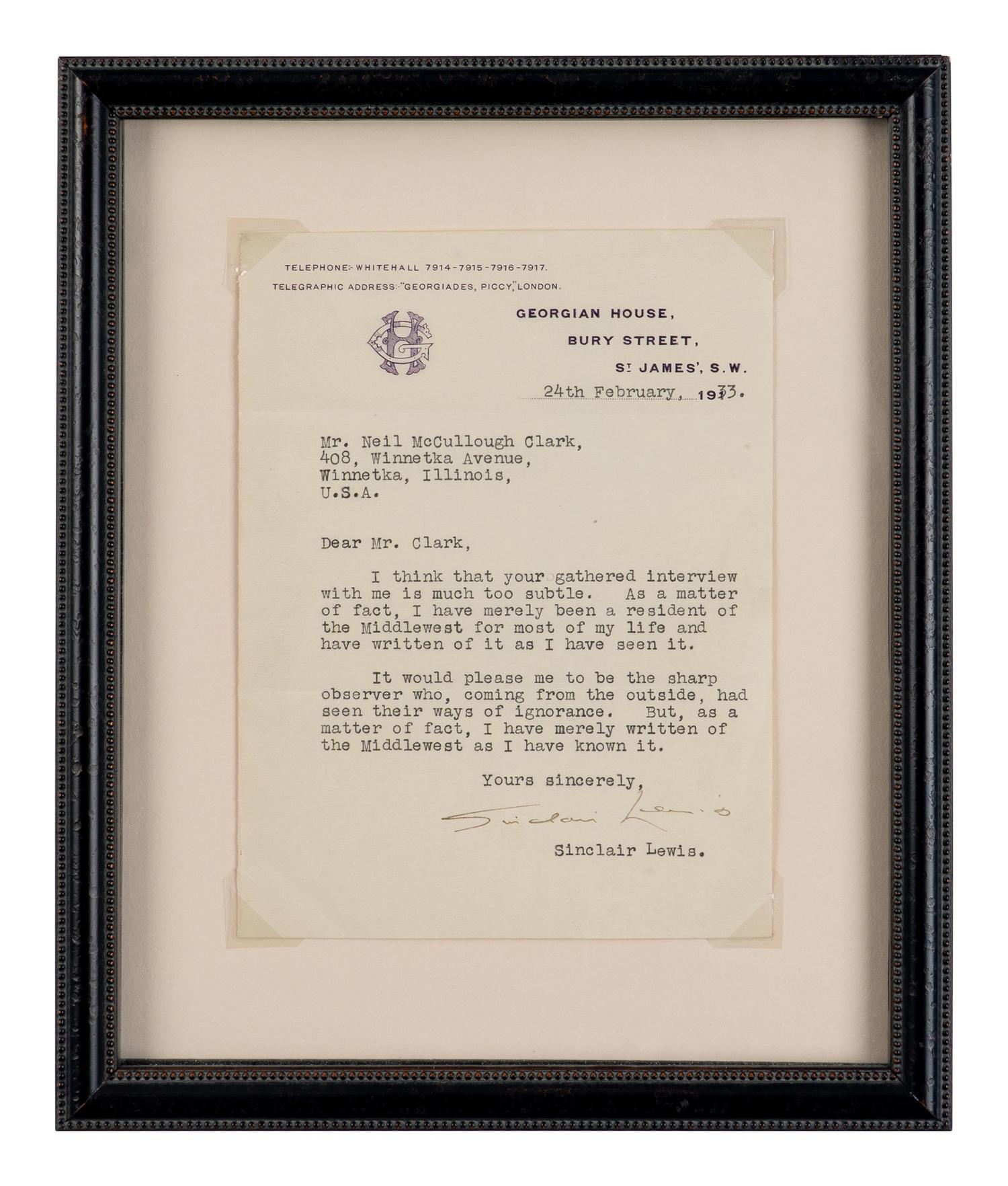 LEWIS, Sinclair (1885-1951). Typed letter signed ("Sinclair Lewis"), to Neil McCullough Clark, St. James, South Wales, 24 February 1933.