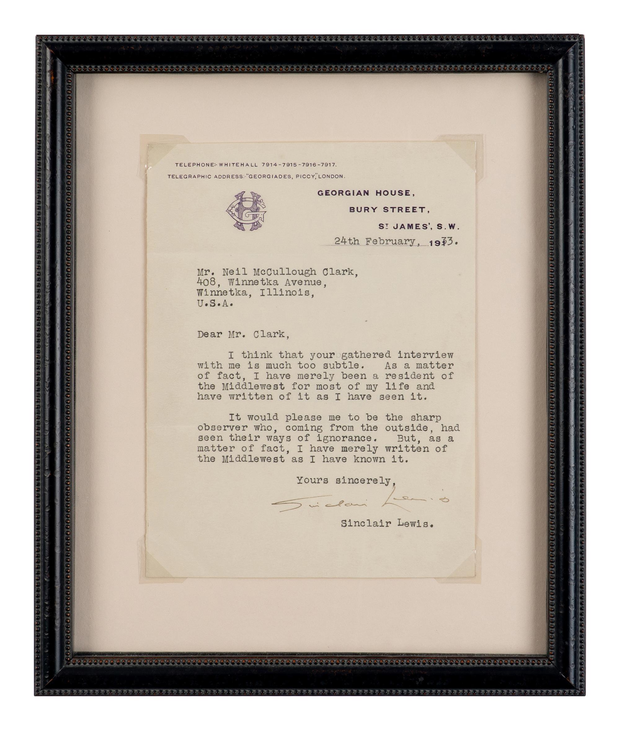 LEWIS, Sinclair (1885-1951). Typed letter signed ("Sinclair Lewis"), to Neil McCullough Clark, St. James, South Wales, 24 February 1933.