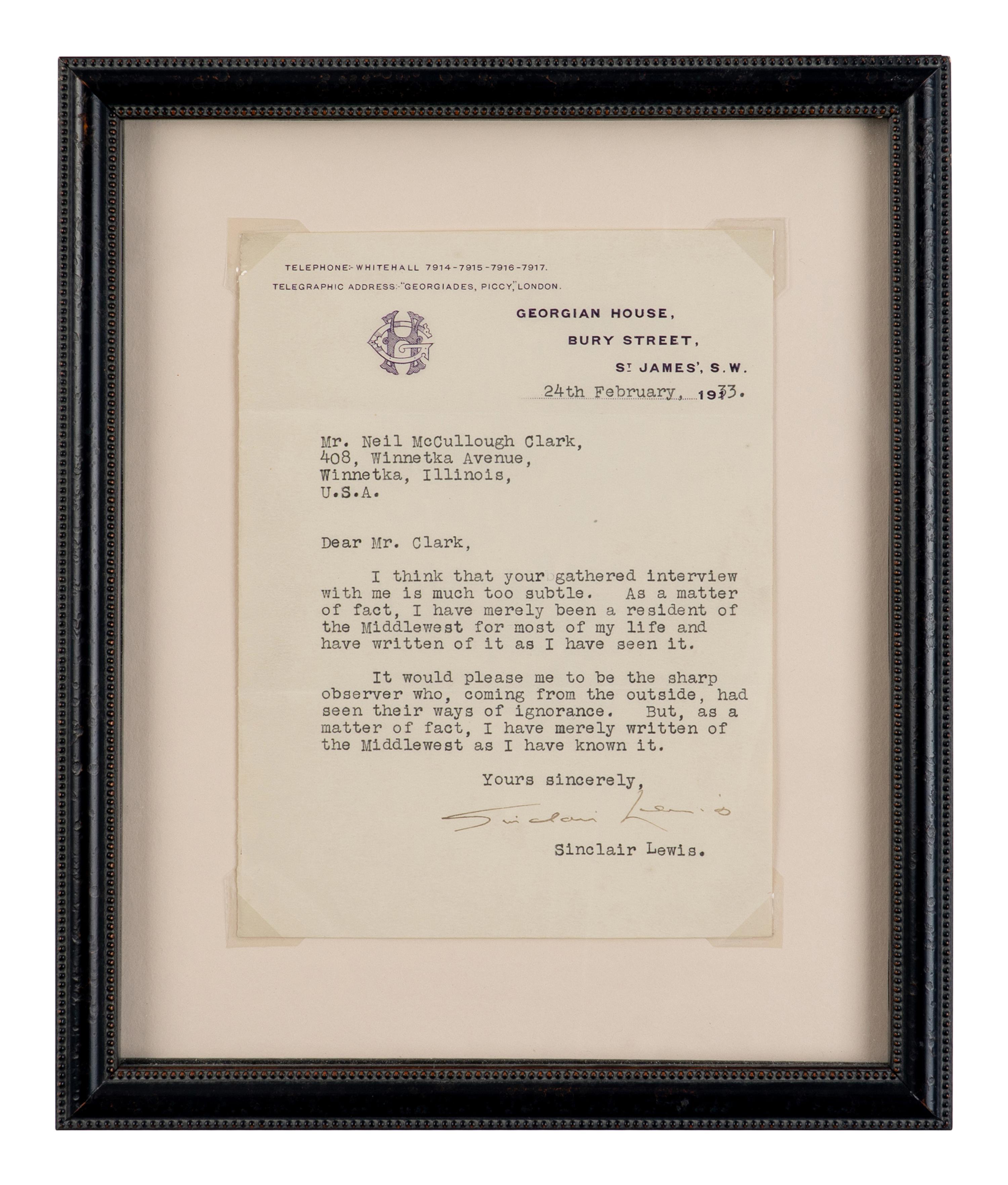 LEWIS, Sinclair (1885-1951). Typed letter signed ("Sinclair Lewis"), to Neil McCullough Clark, St. James, South Wales, 24 February 1933.