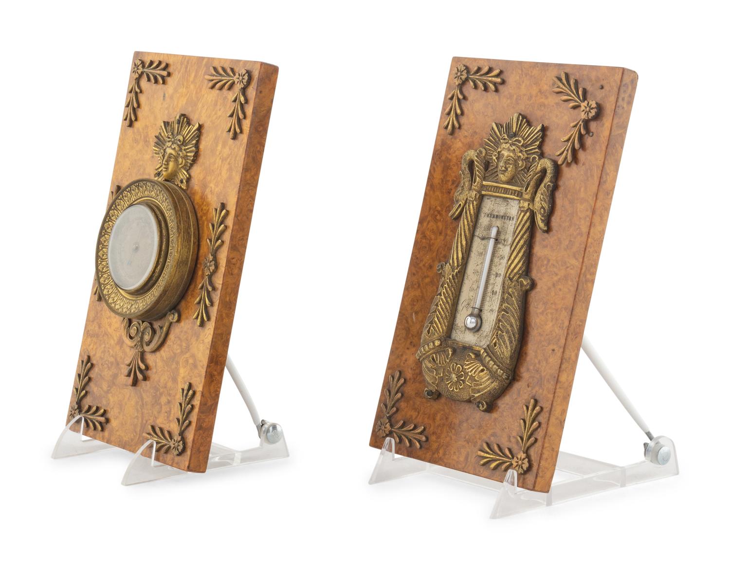 An Empire Gilt Bronze and Burlwood Desk Thermometer and Barometer Set