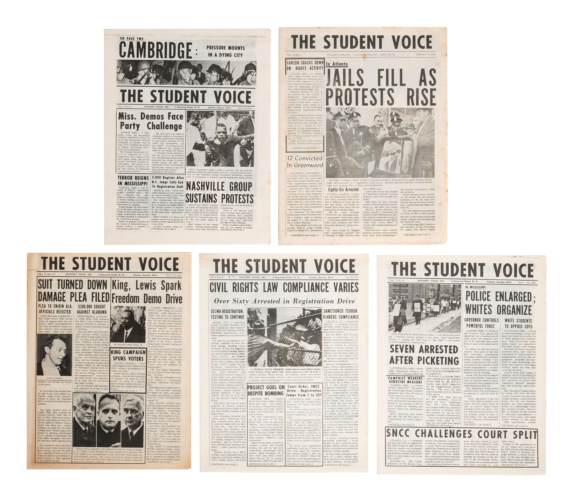[AFRICAN AMERICANA]. Five issues of The Student Voice. Atlanta: Student Nonviolent Coordinating Committee, January-July, 1964.