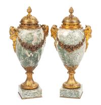 A Pair of French Gilt Bronze Mounted Marble Covered Urns Height 19 inches. — LATE 19TH/EARLY 20TH CENTURY