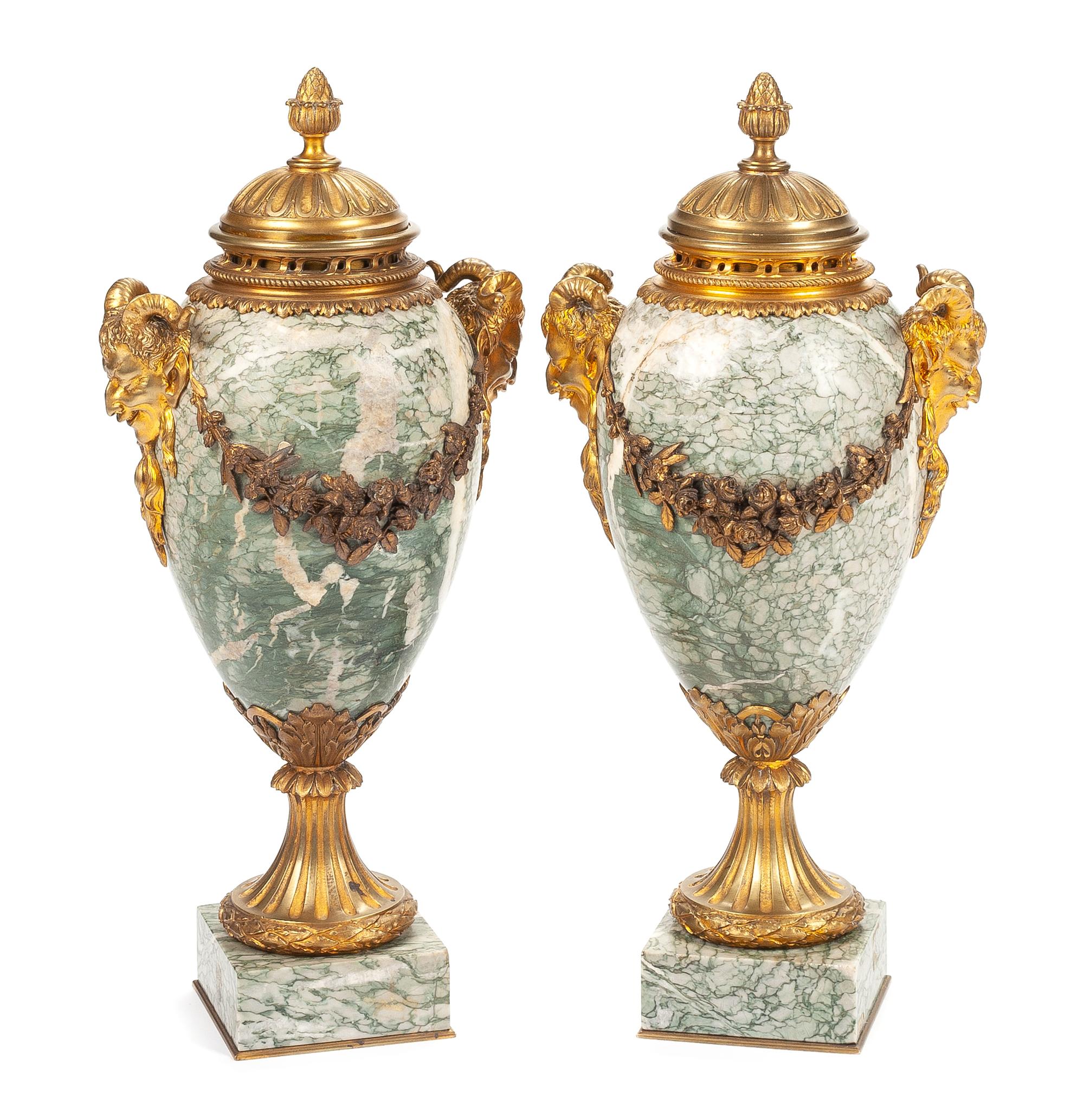 A Pair of French Gilt Bronze Mounted Marble Covered Urns Height 19 inches. — LATE 19TH/EARLY 20TH CENTURY