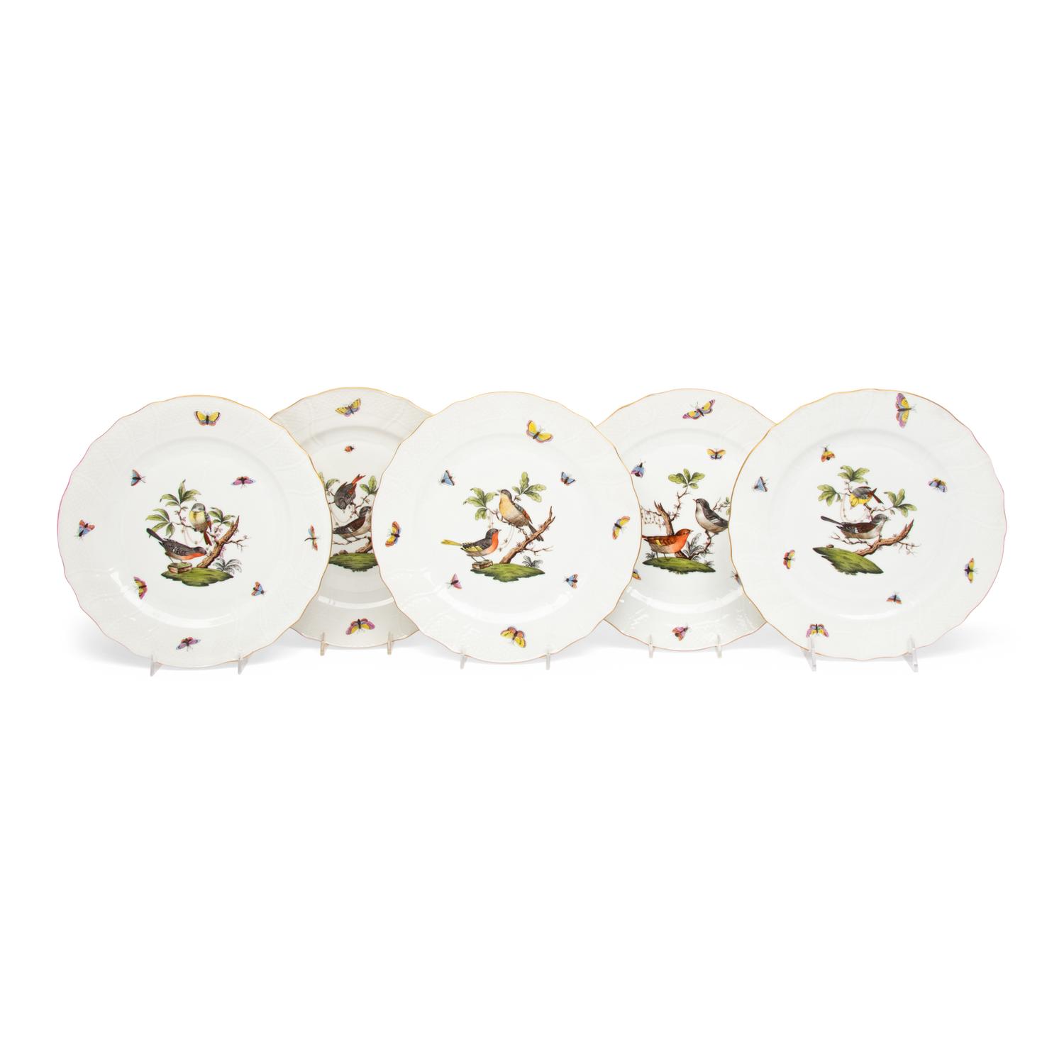 A Set of Five Herend Rothschild Bird Porcelain Dinner Plates