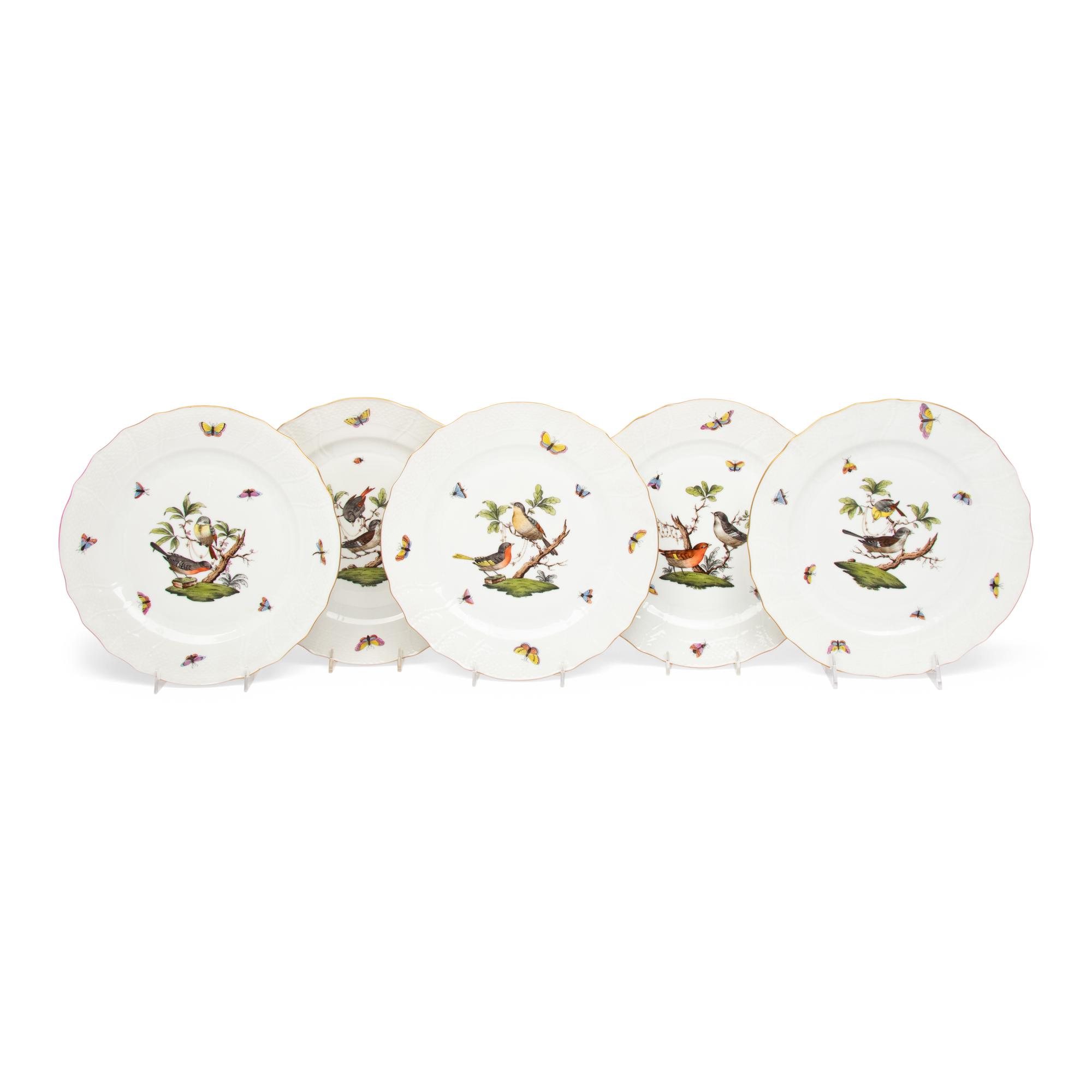 A Set of Five Herend Rothschild Bird Porcelain Dinner Plates