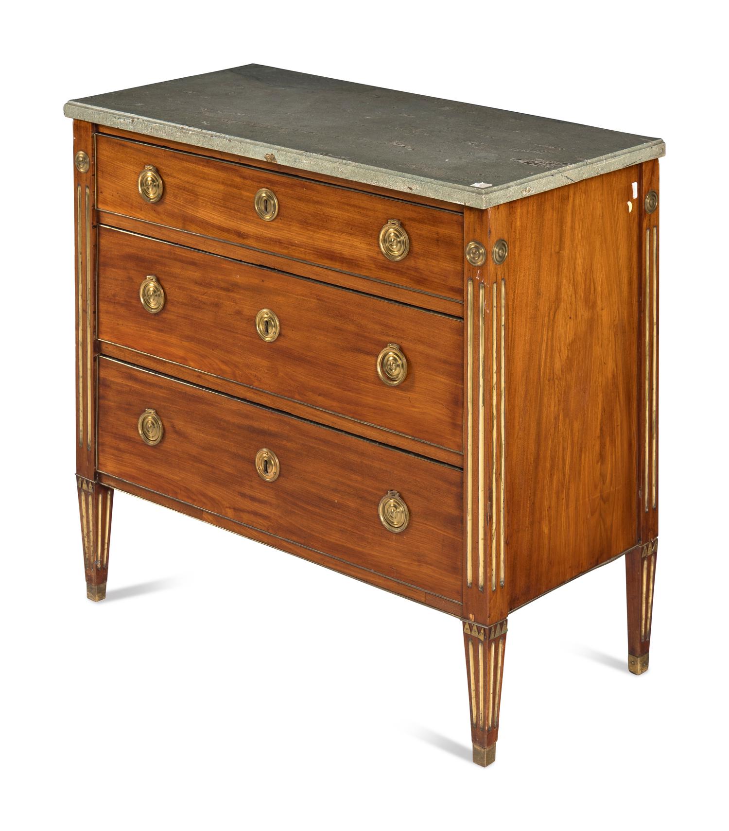 A Swedish Neoclassical Gilt Bronze Mounted Mahogany Marble-Top Bureau Chest