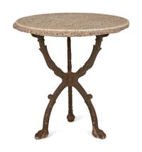 A Cast Iron Base Table with Stone Inset Concrete Top
