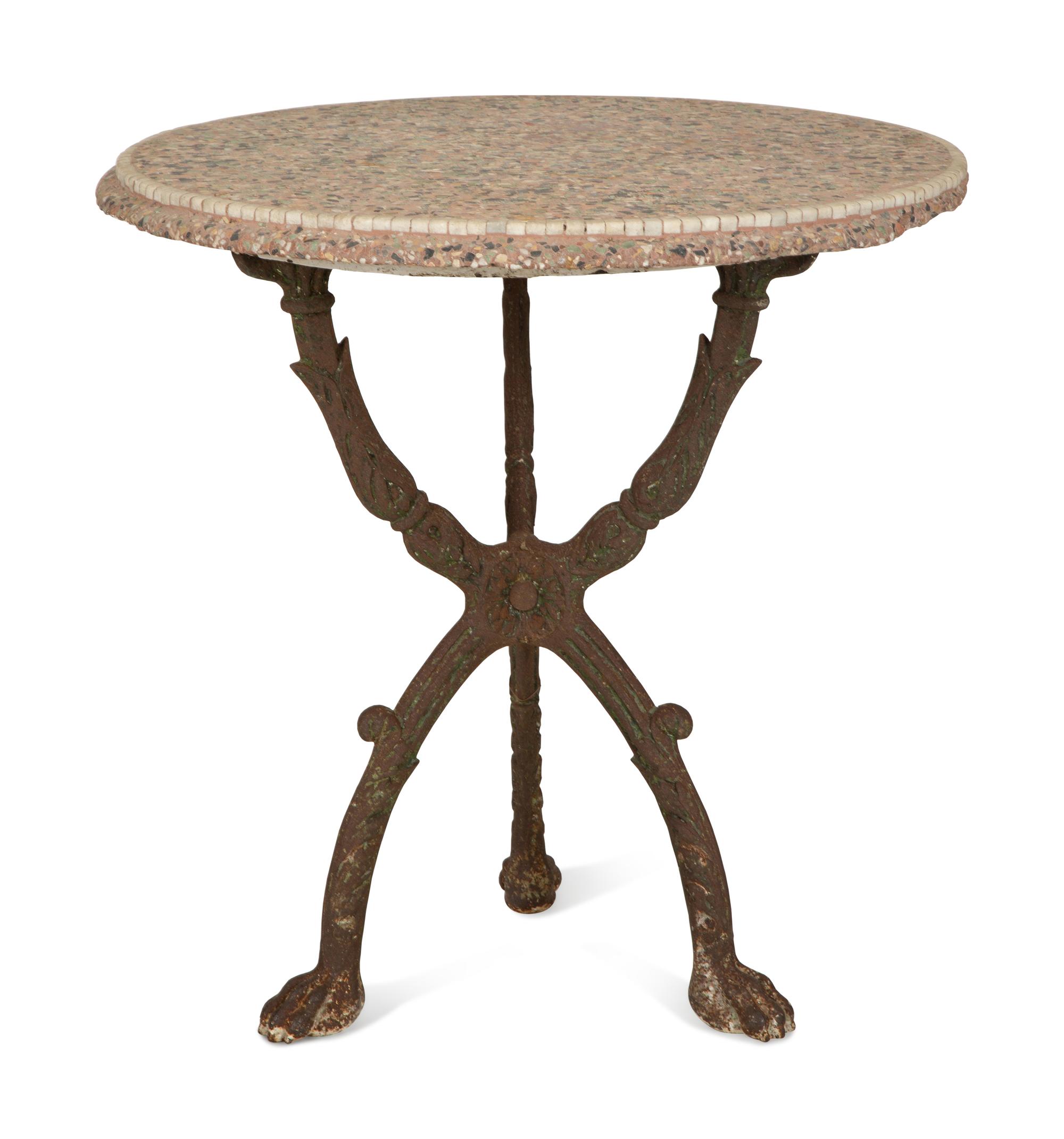 A Cast Iron Base Table with Stone Inset Concrete Top
