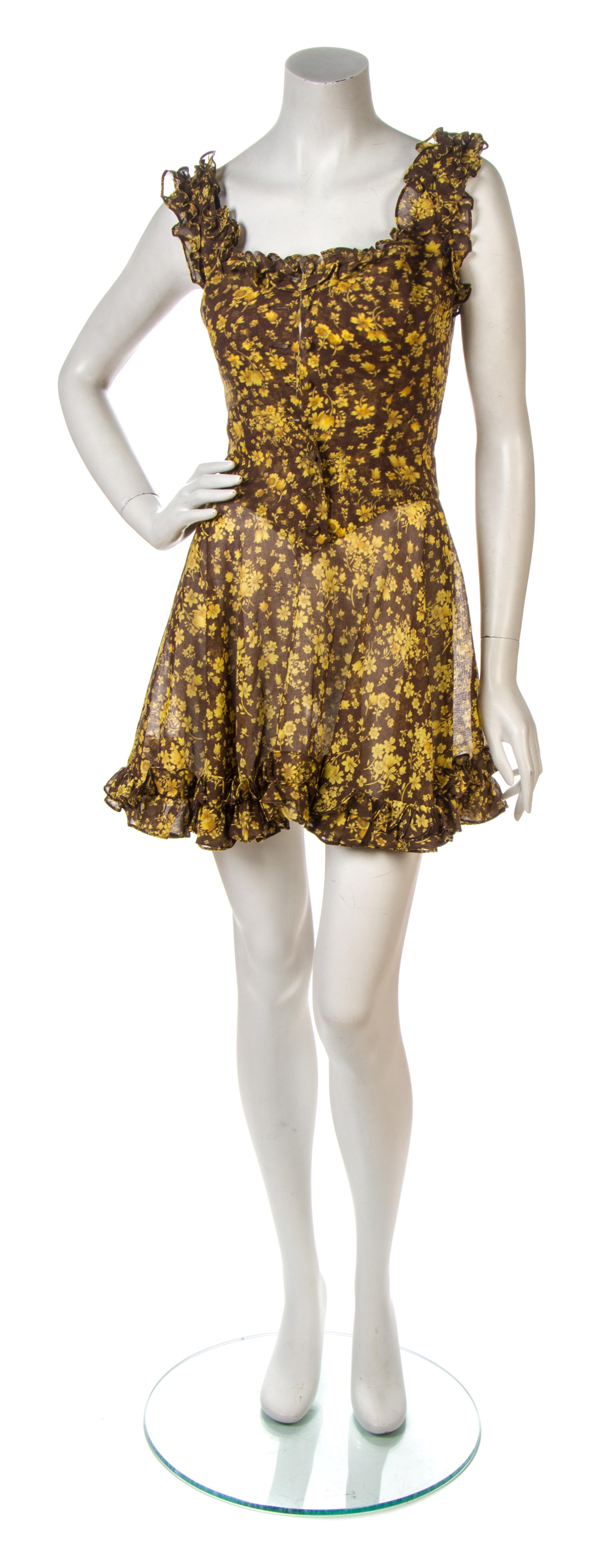 A Betsey Johnson Brown and Marigold Flower Cotton Print Mini Dress, Size 5.