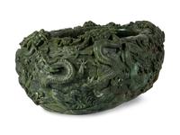 A Large Chinese Green Hardstone Fish Pot