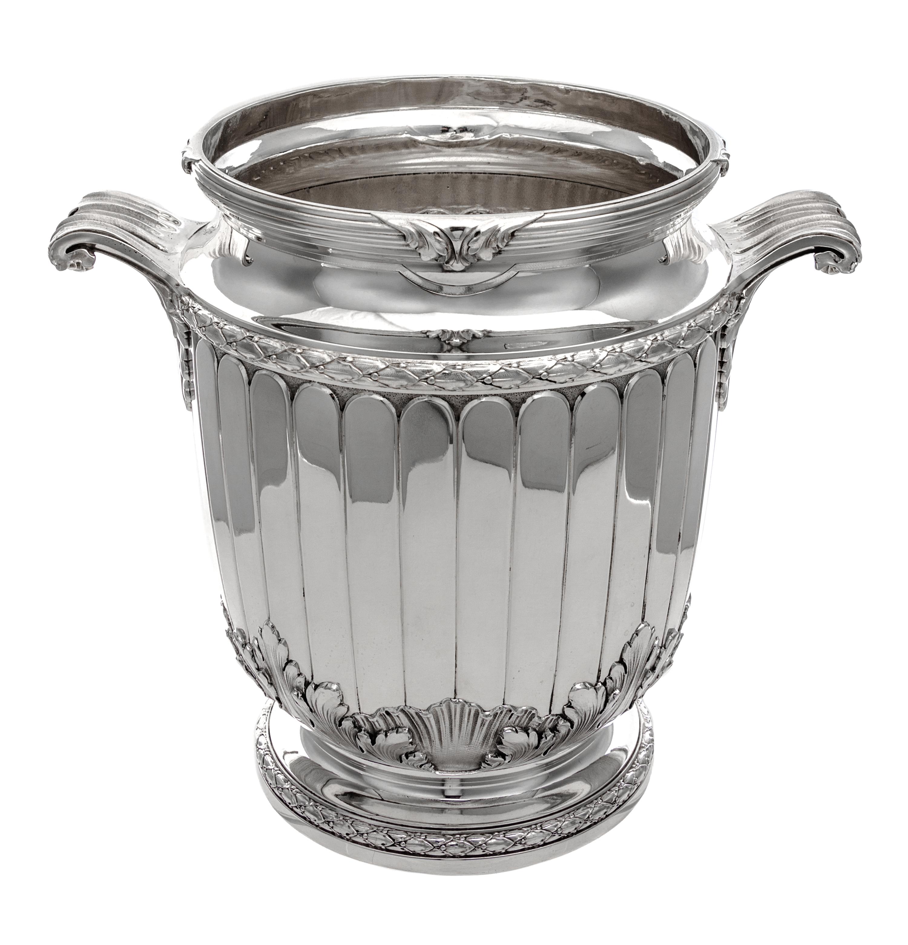 A French Silver Wine Cooler, Tetard Freres, Paris, Early 20th Century, the banded rim with foliate decoration above the fluted body, th