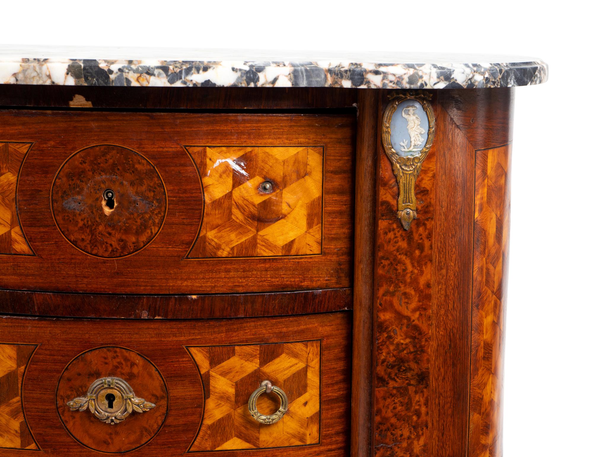 A Pair of Louis XV/XVI Transistional Style Parquetry Inlaid Marble Top Side Cabinets — 20TH CENTURY