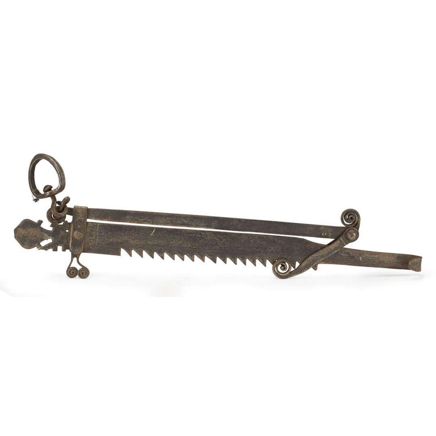 Wrought iron fireplace trammel dated "1828"