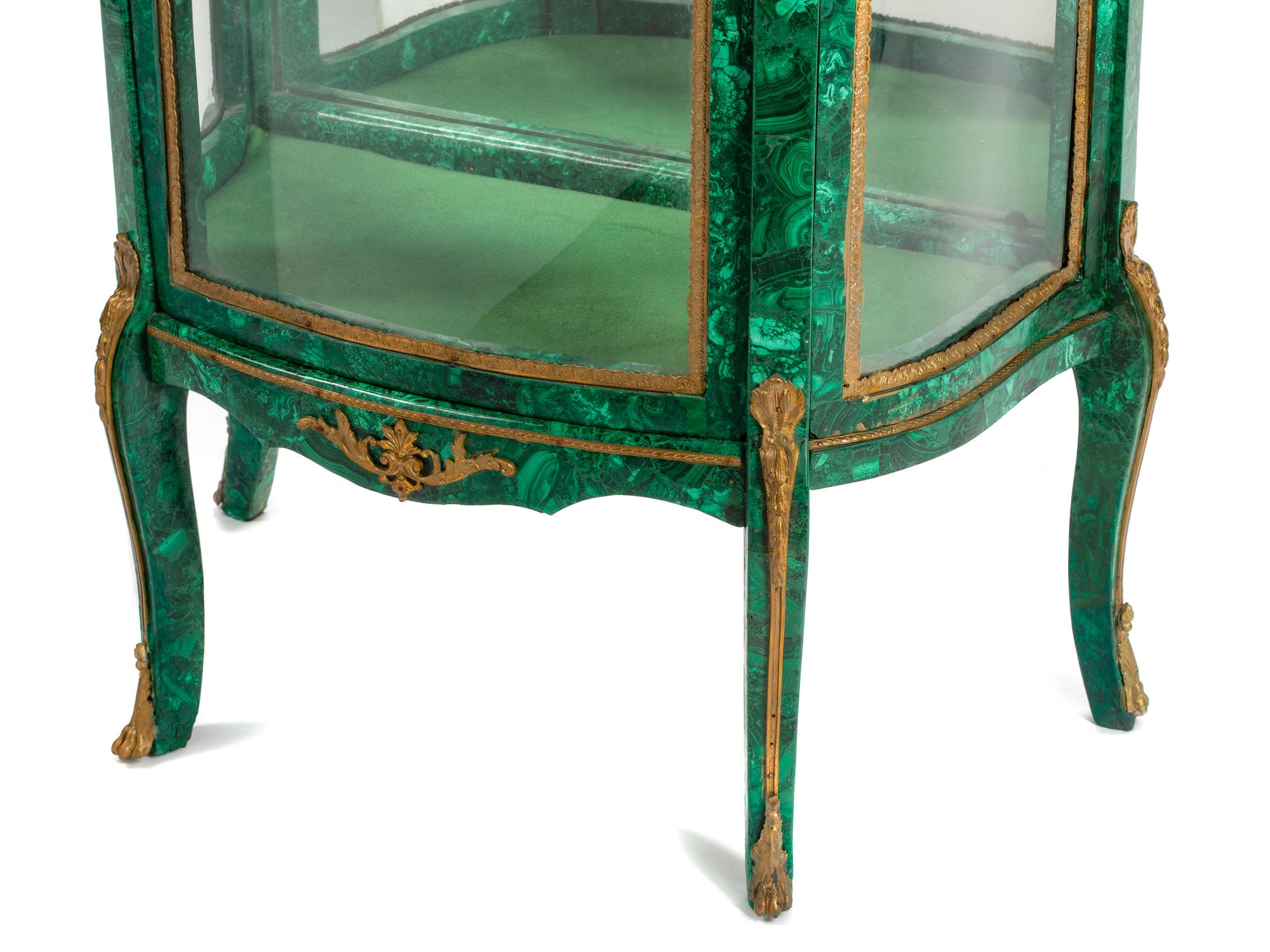 A Louis XV/XVI Transitional Style Gilt Bronze Mounted Malachite Vitrine Cabinet