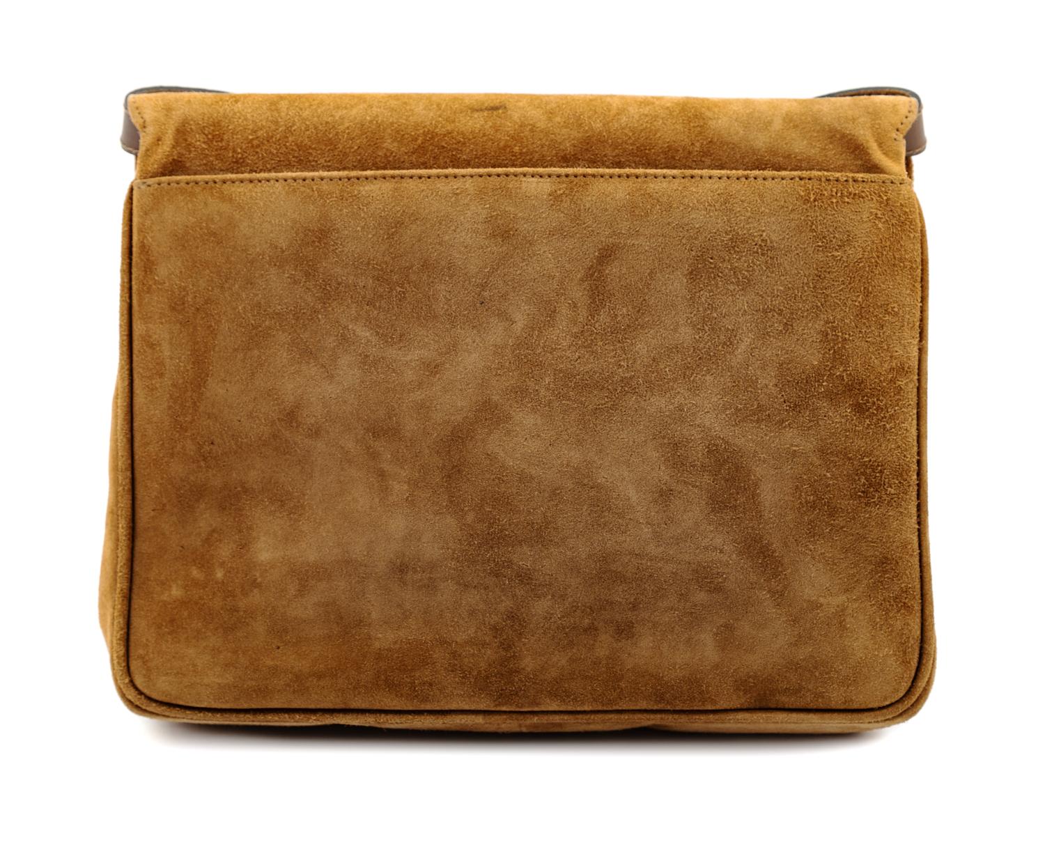 A Salvatore Ferragamo Camel Suede Envelope Clutch, 8" H x 9.5" W x 2" D.