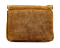 A Salvatore Ferragamo Camel Suede Envelope Clutch, 8" H x 9.5" W x 2" D.