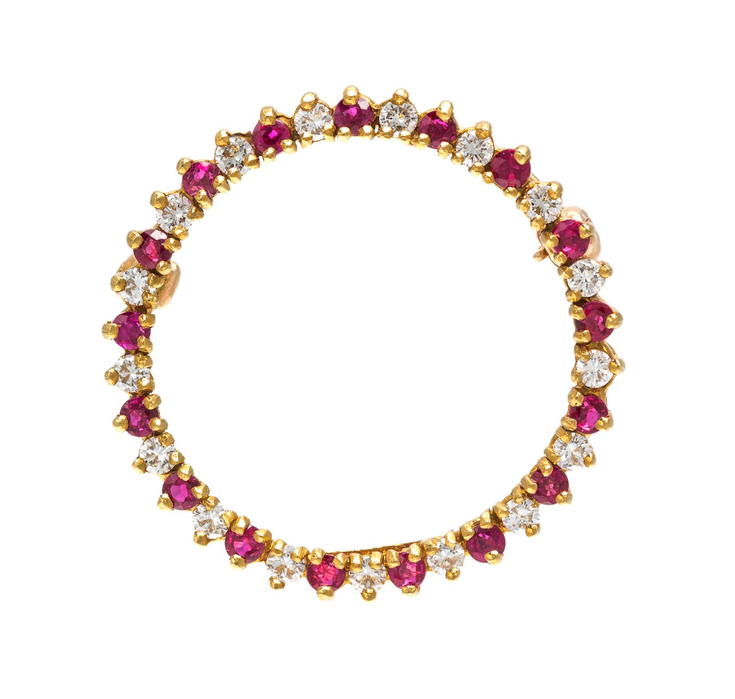 An 18 Karat Yellow Gold, Ruby and Diamond Circle Pendant/Brooch, 2.80 dwts.