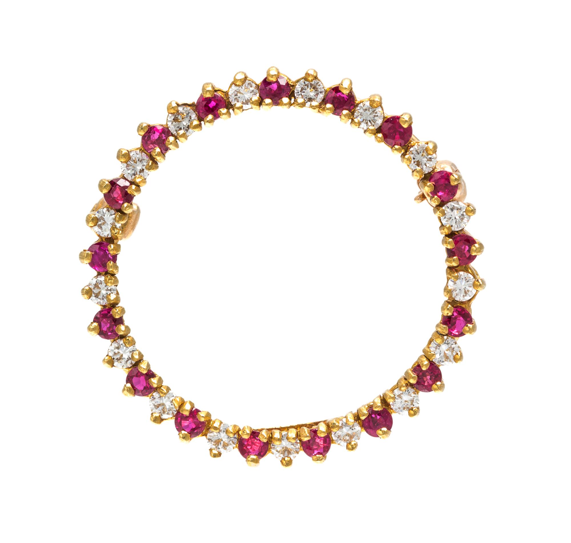 An 18 Karat Yellow Gold, Ruby and Diamond Circle Pendant/Brooch, 2.80 dwts.