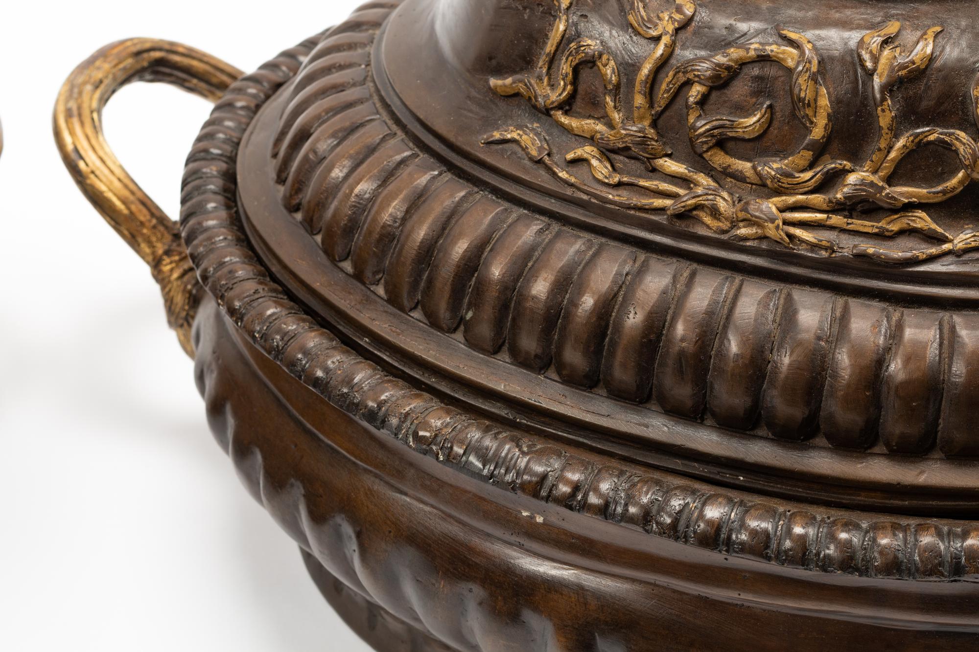 A Pair of Pompeiian Style Gilt and Patinated Bronze Covered Bowls
