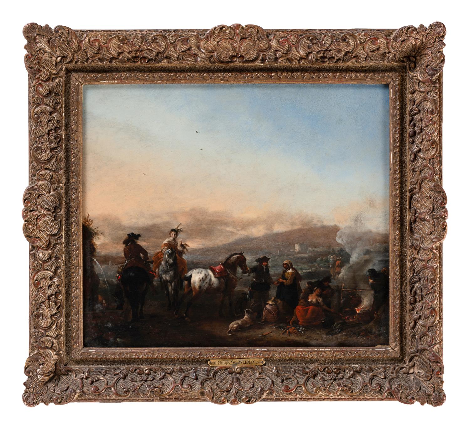 A hawking party halting by a gypsy encampment , after 1650