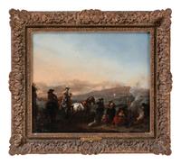 A hawking party halting by a gypsy encampment , after 1650