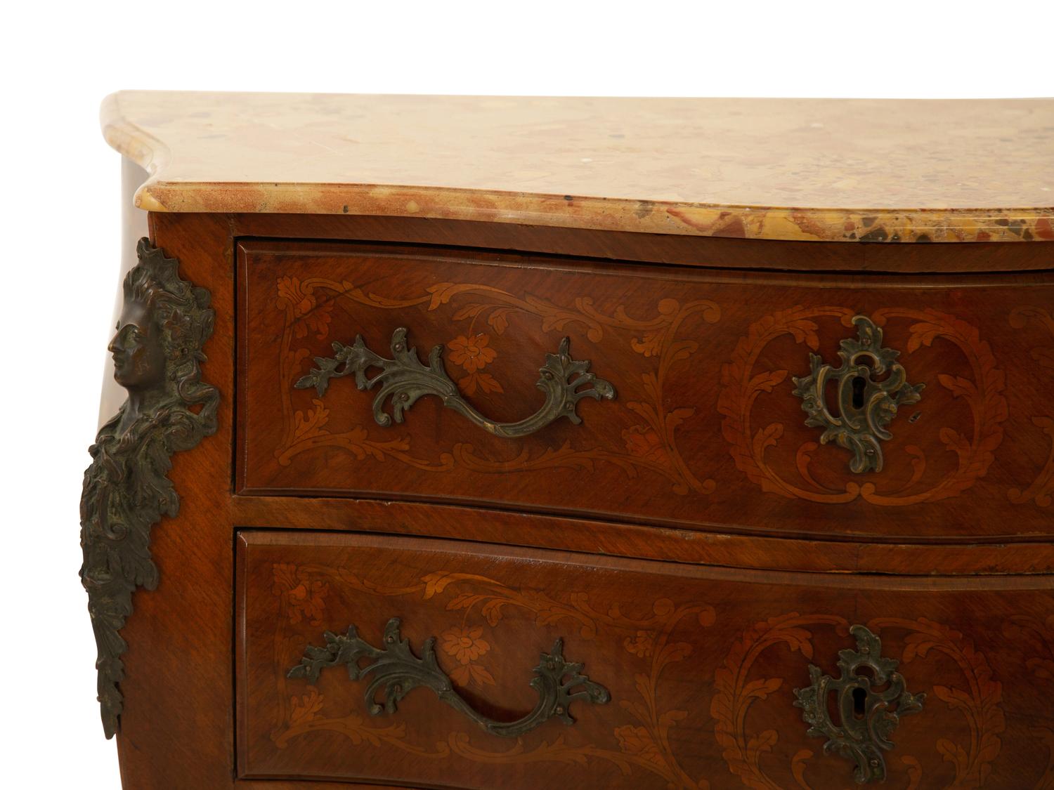 A Louis XV Style Bronze Mounted Marquetry Marble-Top Commode