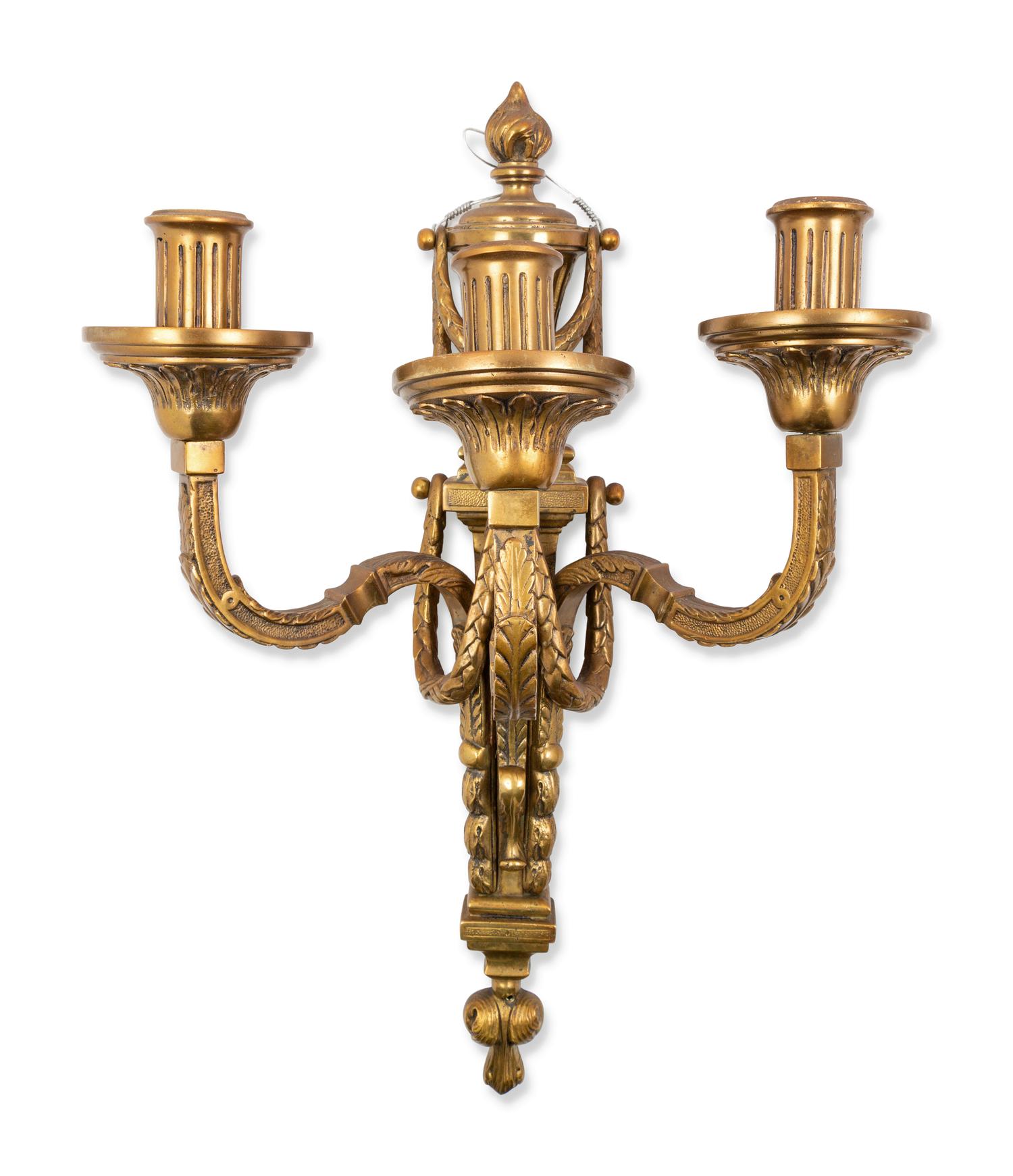A Pair of Louis XVI Style Gilt Bronze Two-Light Sconces