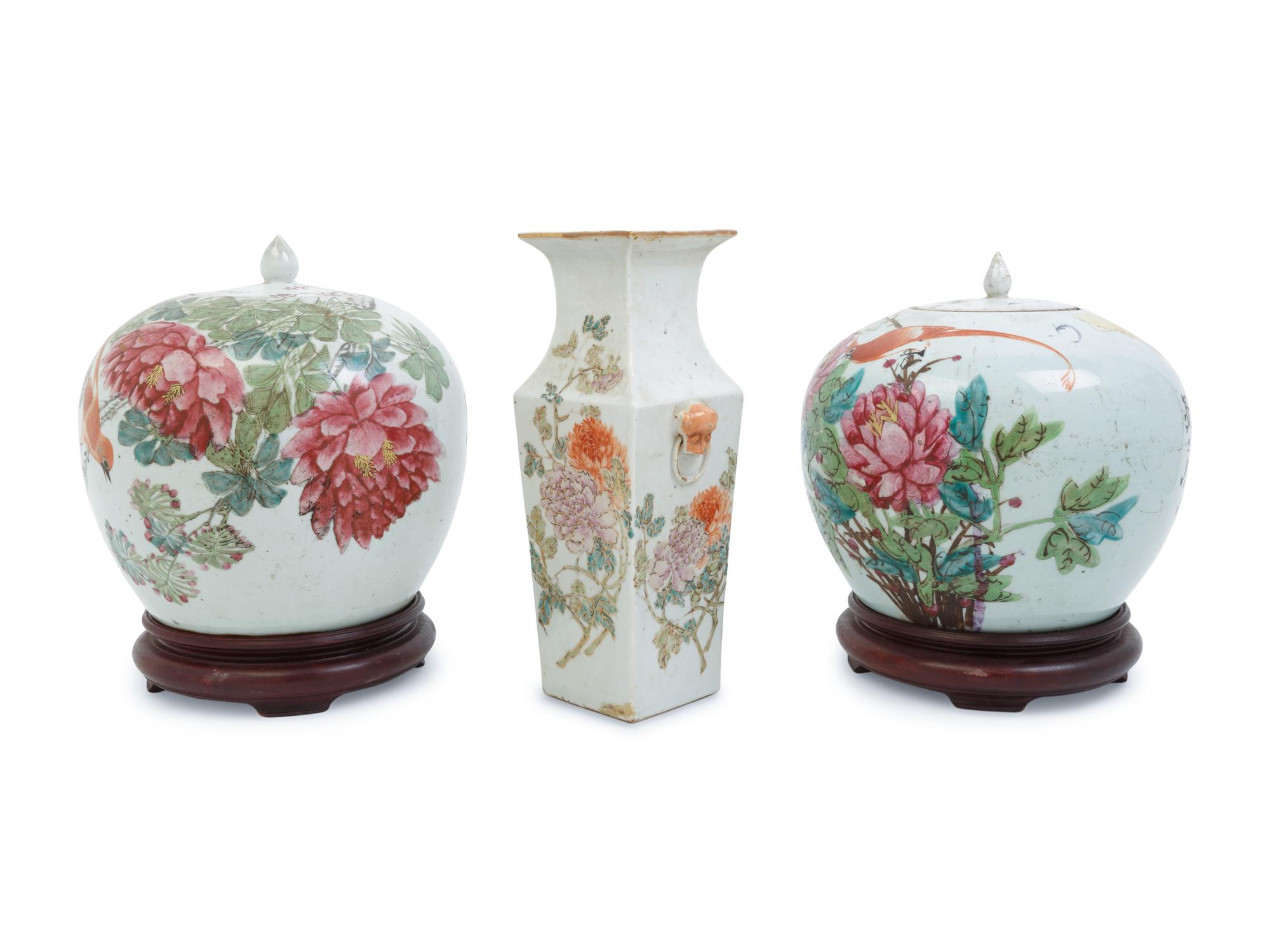 Three Chinese Famille Rose Porcelain 'Peony' Articles