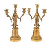 A Pair of Empire Style Gilt Bronze Three-Light Figural Candelabra
