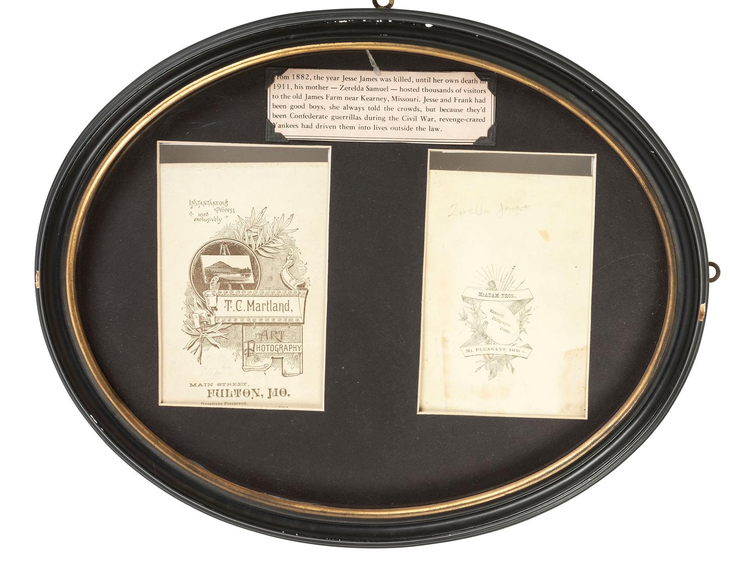 Western Outlaws [JAMES, Jesse (1847-1882)]. Collection of photographs of family members of Frank and Jesse James, incl. display featuring cabinet card photographs of their mother Zerelda James.