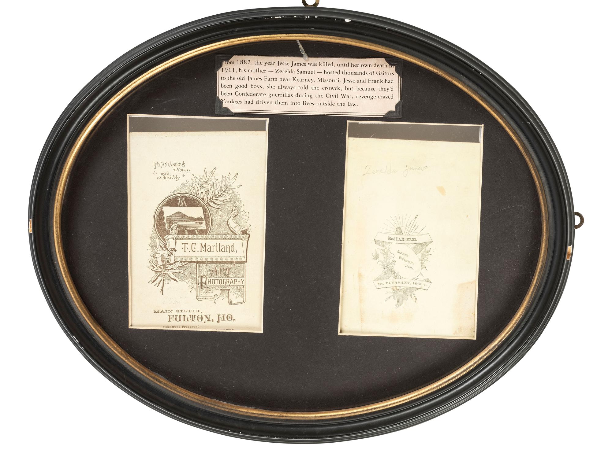 Western Outlaws [JAMES, Jesse (1847-1882)]. Collection of photographs of family members of Frank and Jesse James, incl. display featuring cabinet card photographs of their mother Zerelda James.