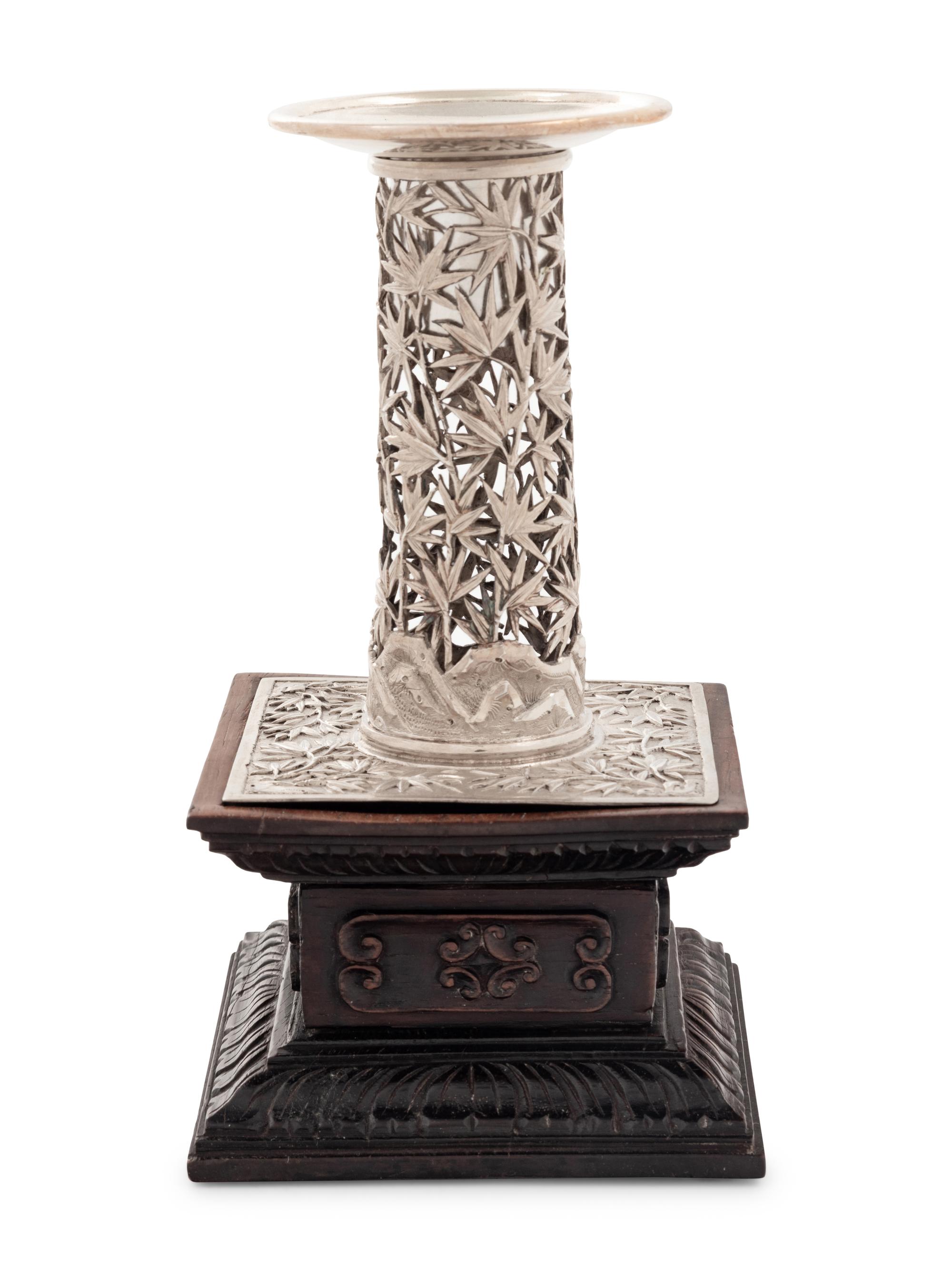 A Chinese Export Silver 'Bamboo' Candle Holder