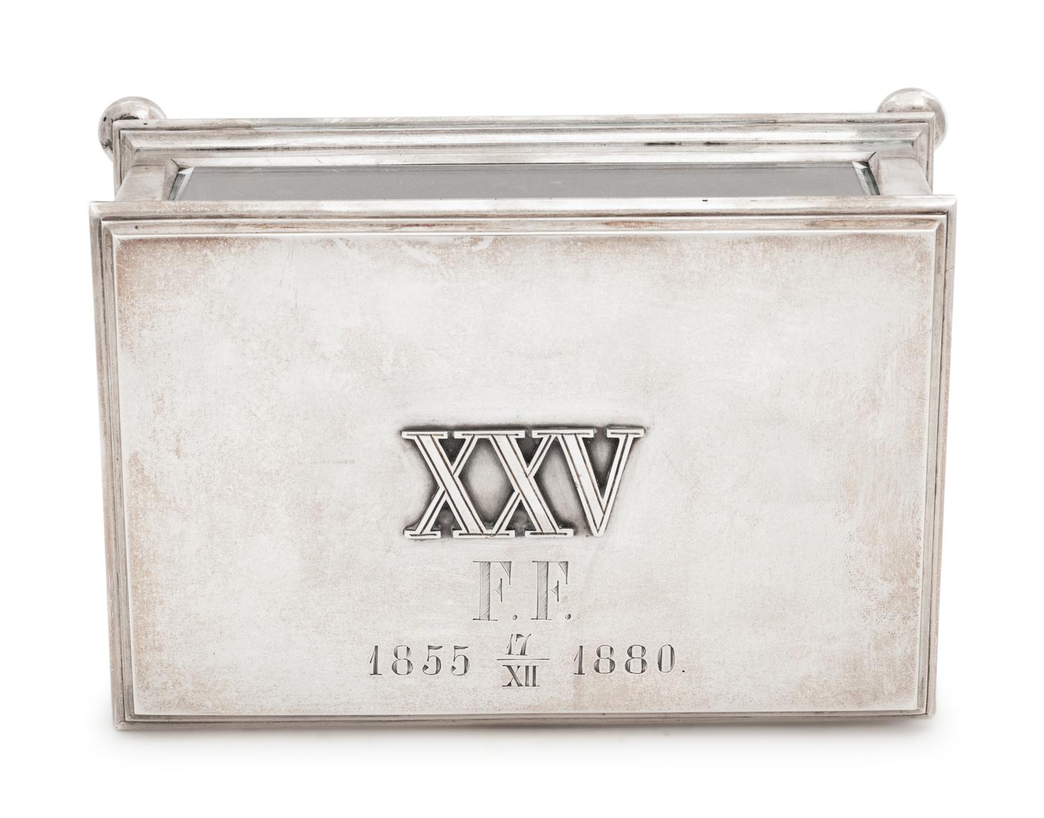 A Russian Silver and Glass-Inset Presentation Table-Top Cigarette Box