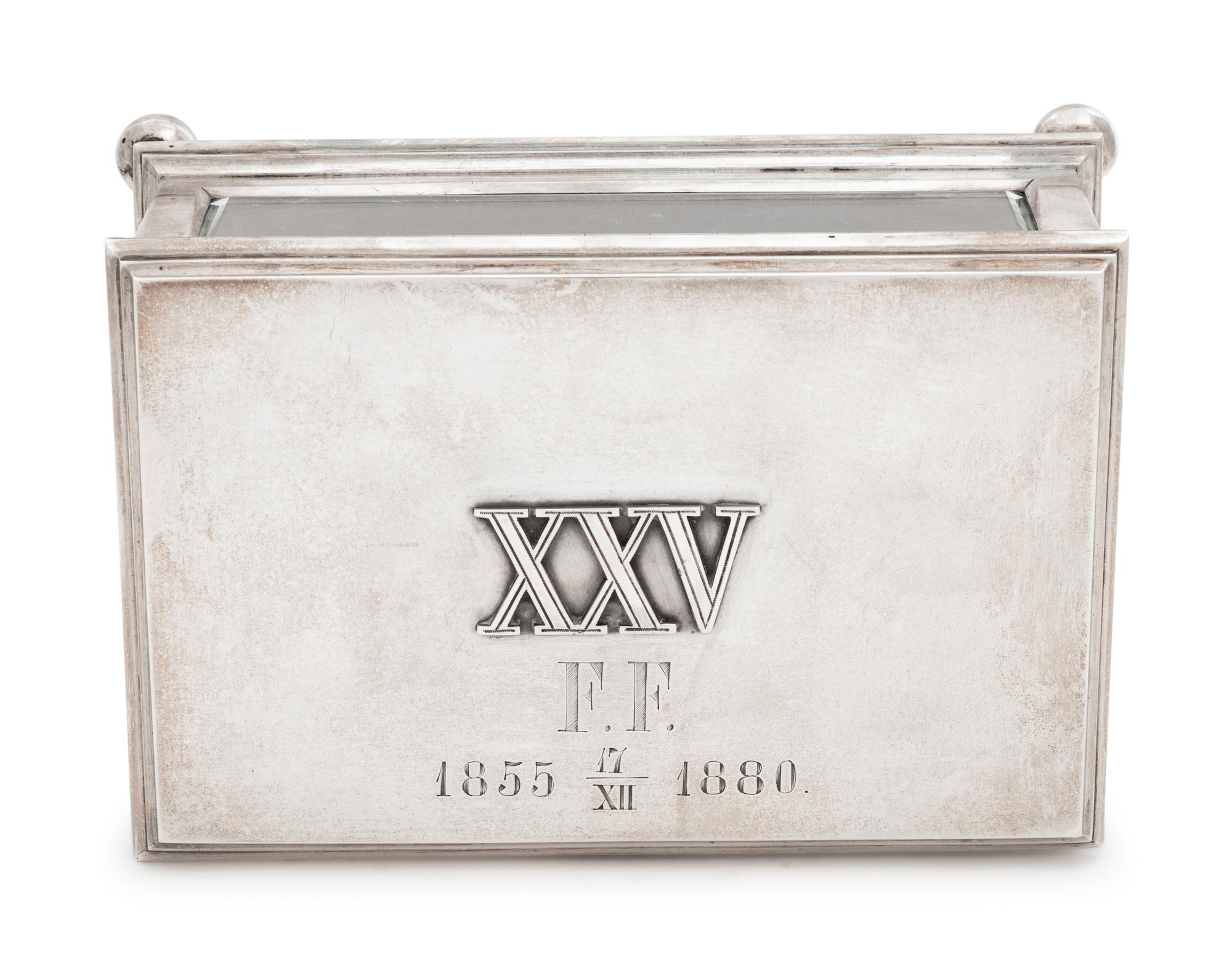 A Russian Silver and Glass-Inset Presentation Table-Top Cigarette Box