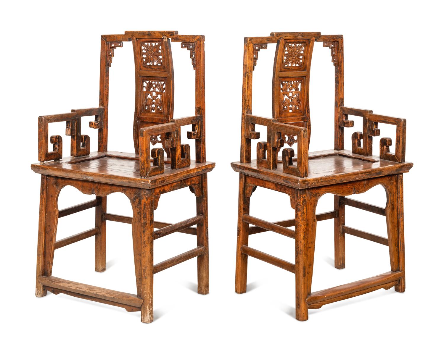 A Pair of Chinese Export Carved Hardwood Armchairs
