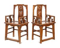 A Pair of Chinese Export Carved Hardwood Armchairs