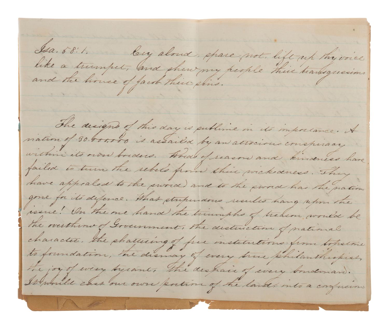 [CIVIL WAR]. Manuscript sermon signed by J. Romeyn Berry, including discussion of the evil of slavery. Kinderhook, NY, 26 September 1861.