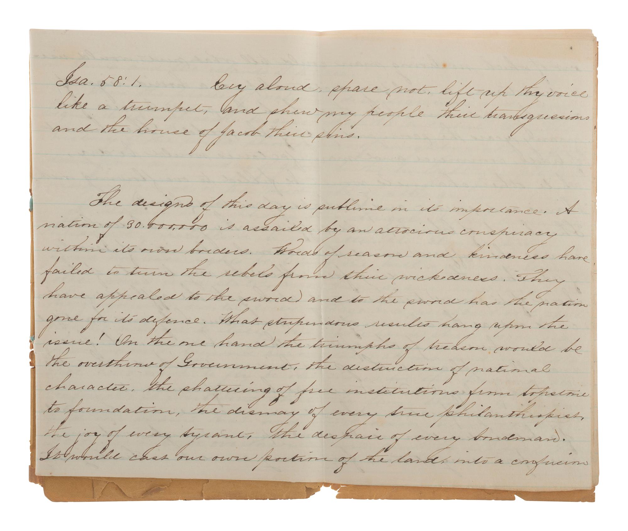 [CIVIL WAR]. Manuscript sermon signed by J. Romeyn Berry, including discussion of the evil of slavery. Kinderhook, NY, 26 September 1861.