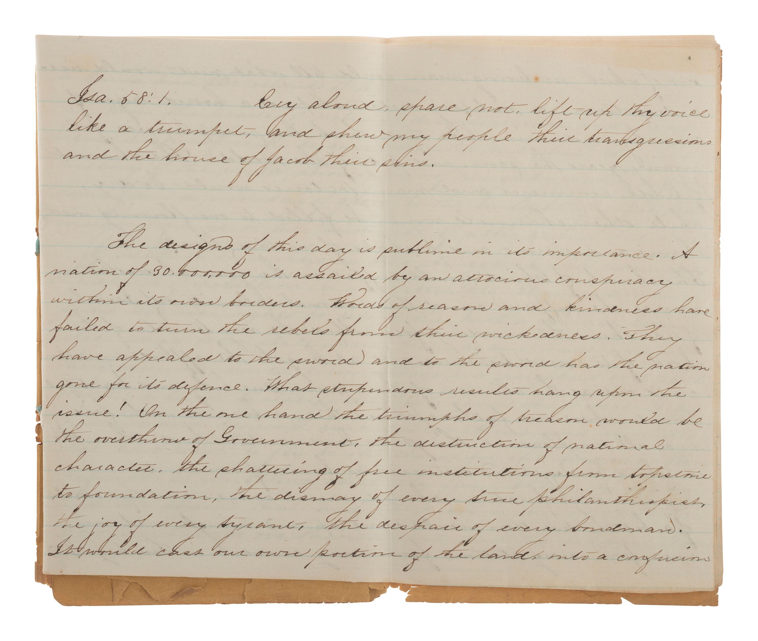 [CIVIL WAR]. Manuscript sermon signed by J. Romeyn Berry, including discussion of the evil of slavery. Kinderhook, NY, 26 September 1861.