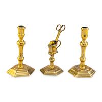 A Pair of English Brass Candlesticks with Wick-Shears and Stand