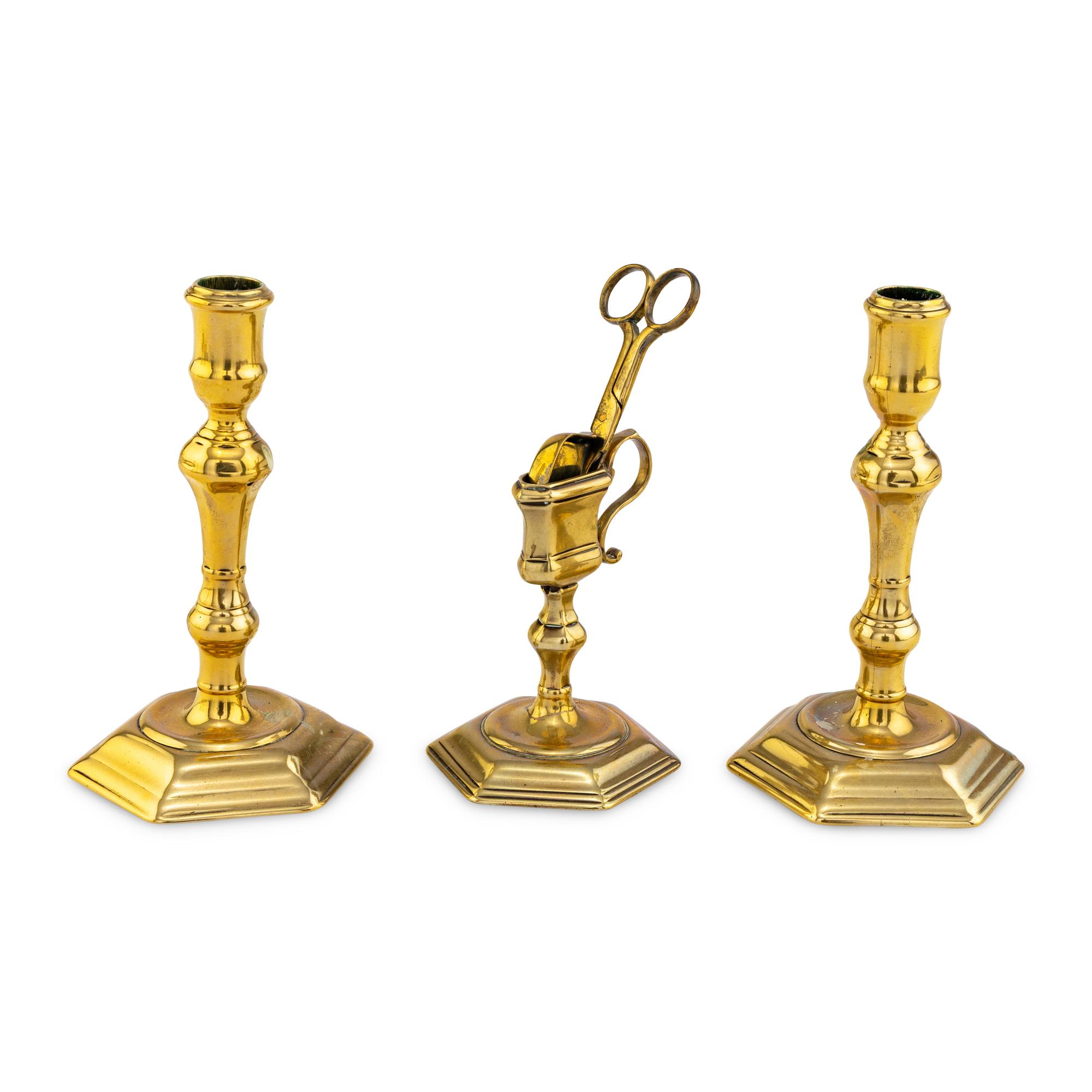 A Pair of English Brass Candlesticks with Wick-Shears and Stand
