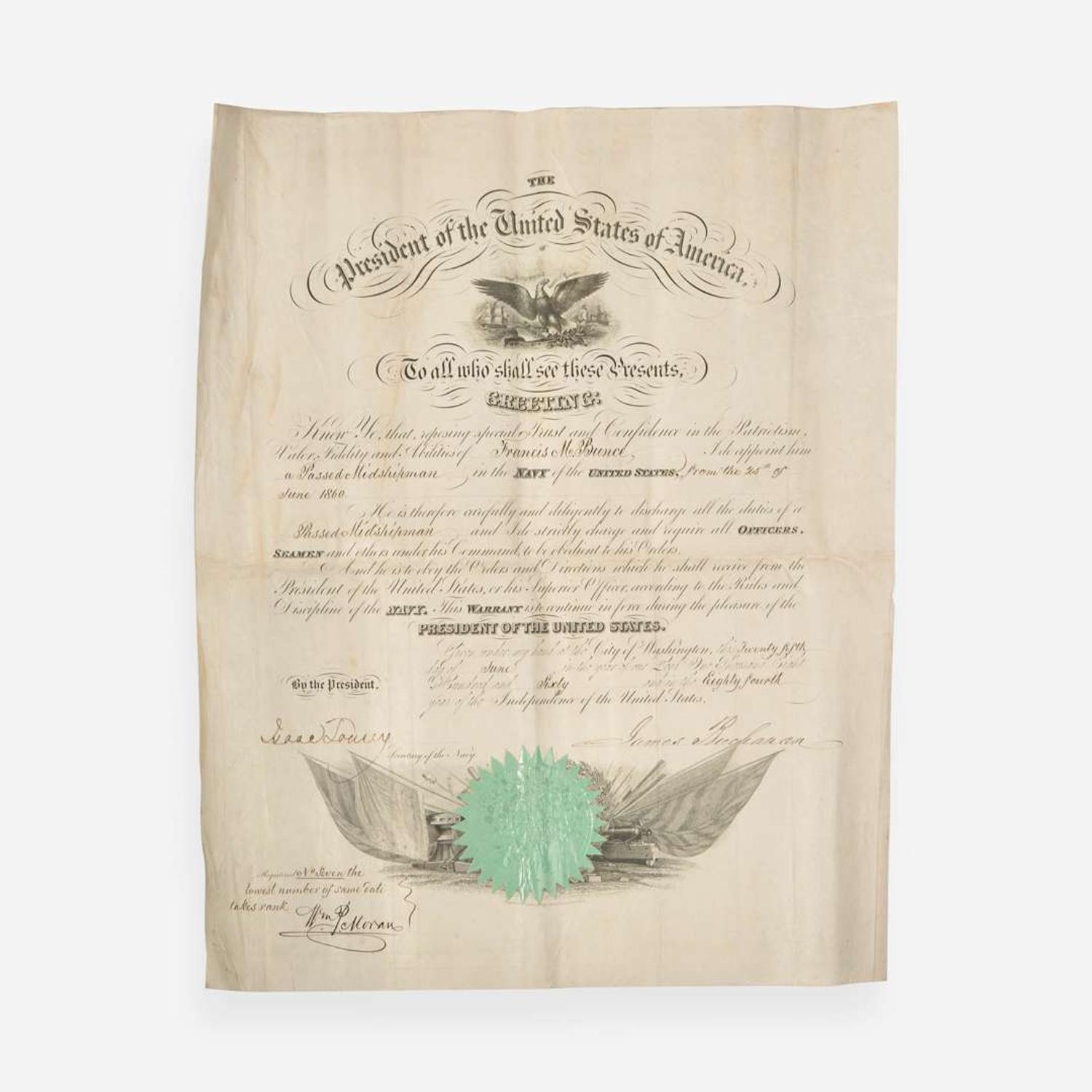 [Presidential] [Bunce, Francis M.] Buchanan, James Signed Military Commission
