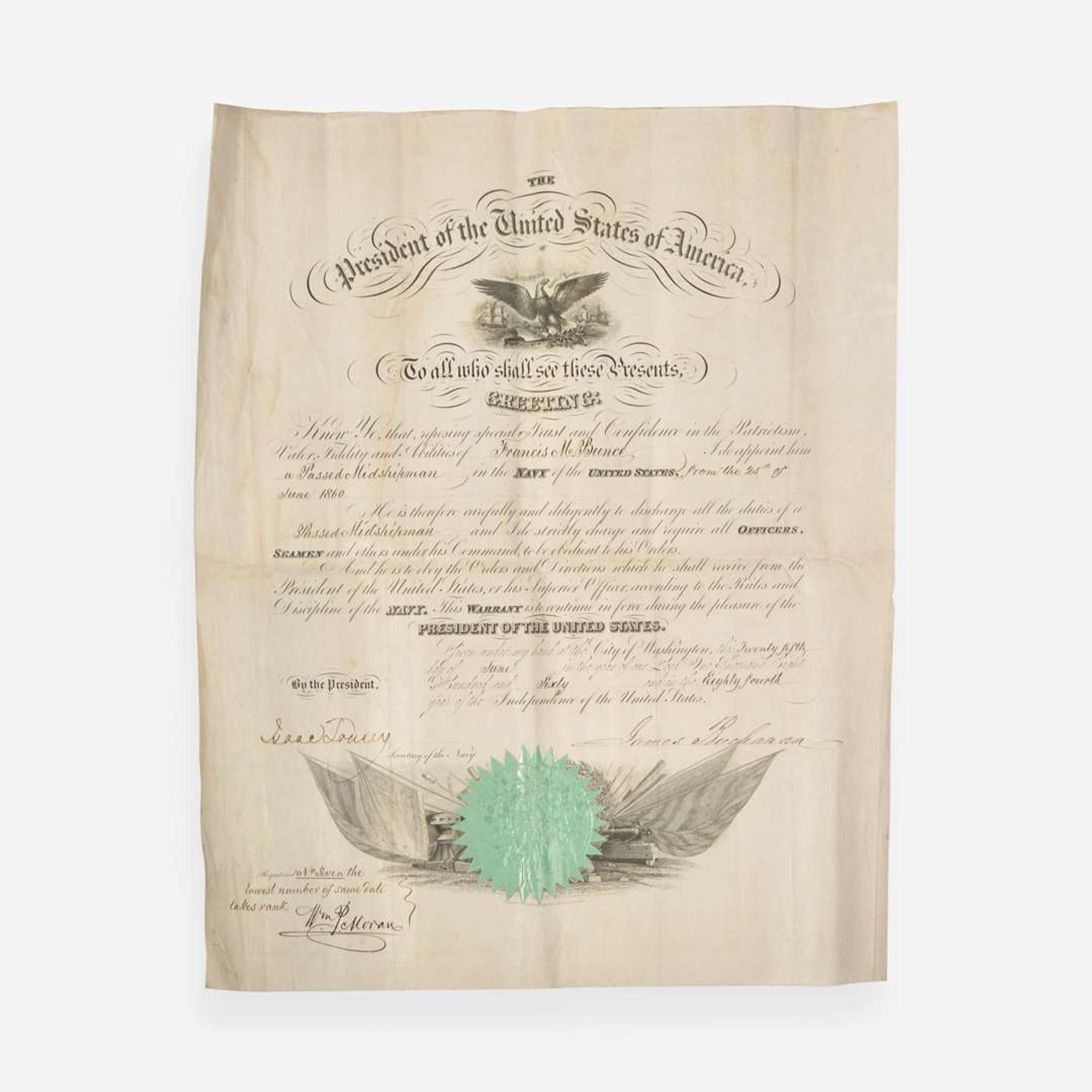 [Presidential] [Bunce, Francis M.] Buchanan, James Signed Military Commission