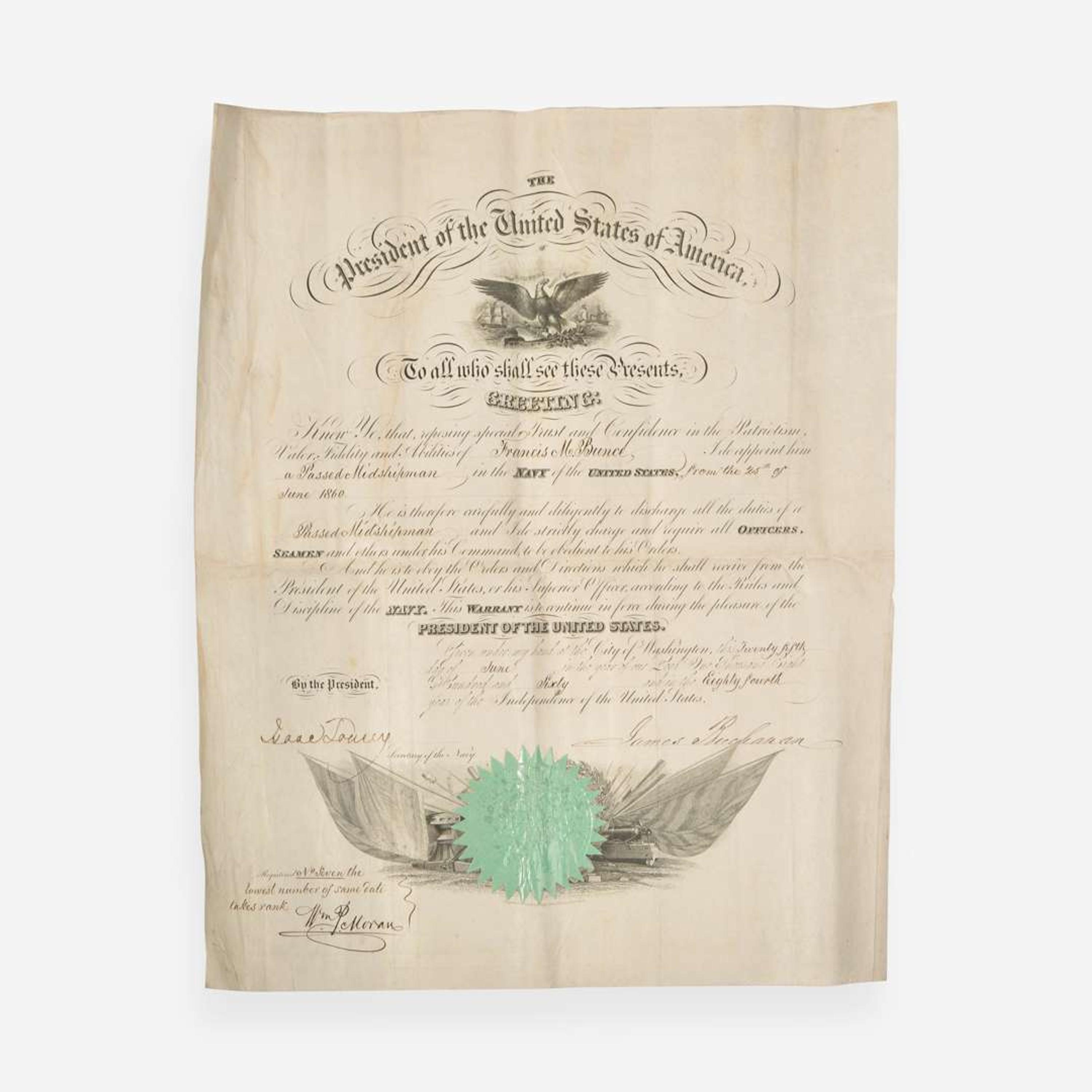 [Presidential] [Bunce, Francis M.] Buchanan, James Signed Military Commission