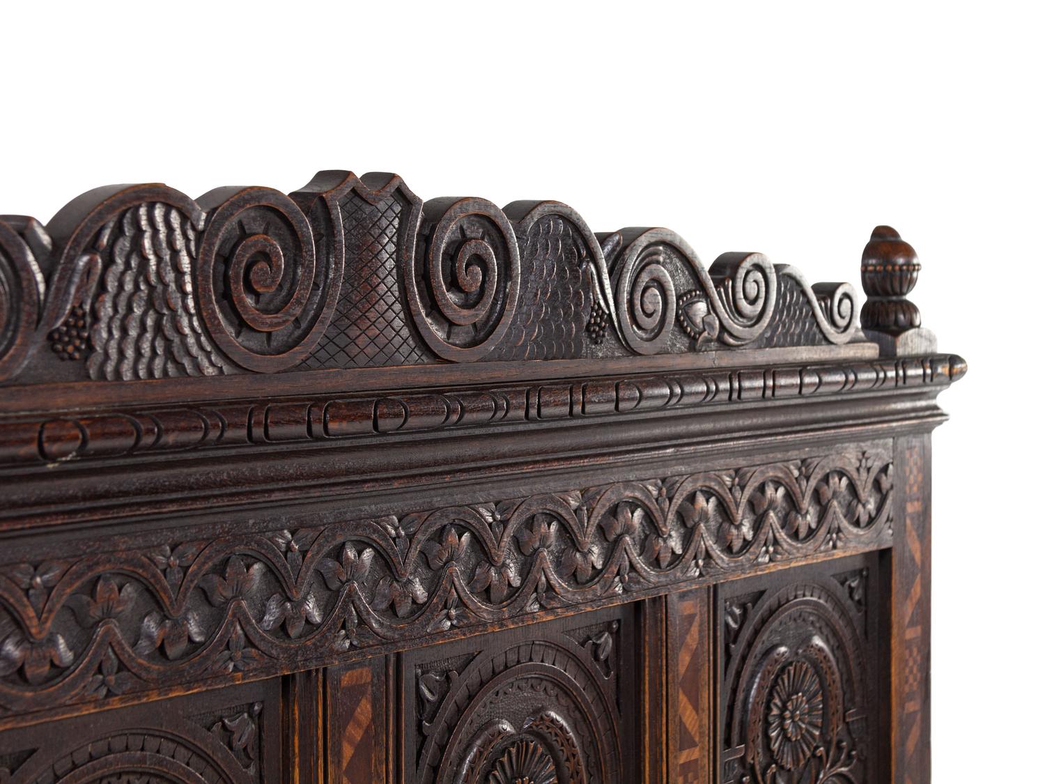 A William and Mary Style Carved Oak and Marquetry Settle