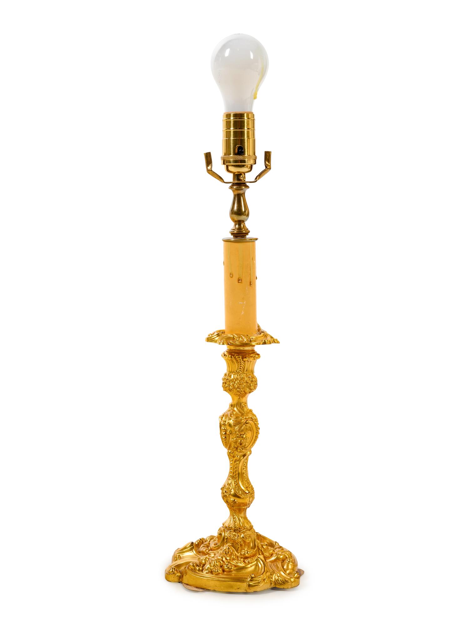 A Louis XV Style Gilt Bronze Candlestick Mounted as a Lamp