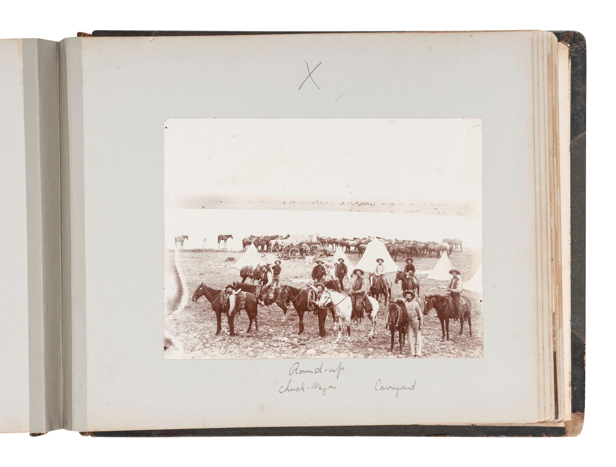 [WESTERN AMERICANA - NEW MEXICO]. Album containing photographs of cowboys and cattle in Colfax County, New Mexico, incl. views of the Urraca Ranch. Ca 1885-1895.